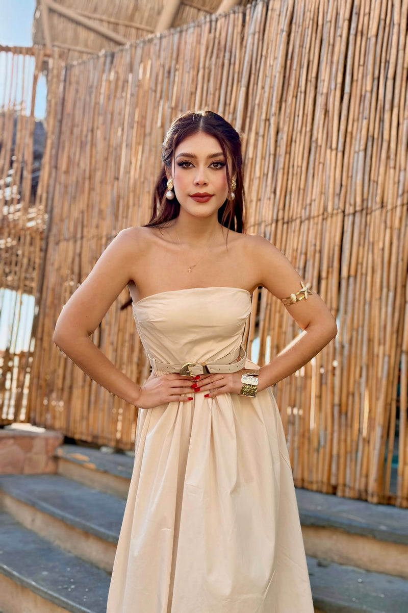 Vestido Strapless Largo Beige