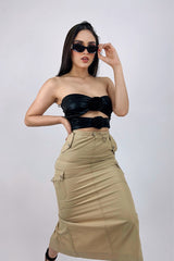 Falda Midi Con Elastico Cargo Beige