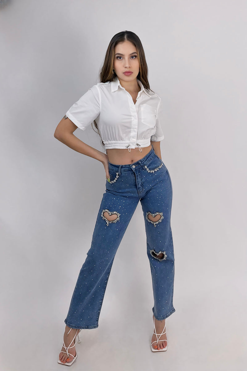 Pantalon Denim App de Corazon en Pedreria