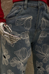 Pantalon Estampado de Flores Denim