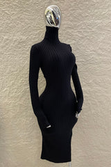 Vestido Midi Tela Punto Manga Larga Negro