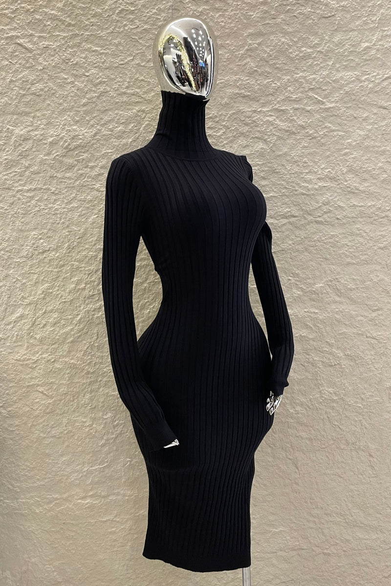 Vestido Midi Tela Punto Manga Larga Negro