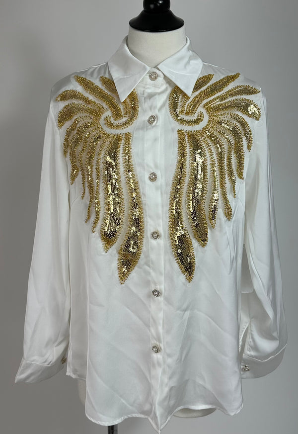 Camisa App De Pedreria Dorado Blanco