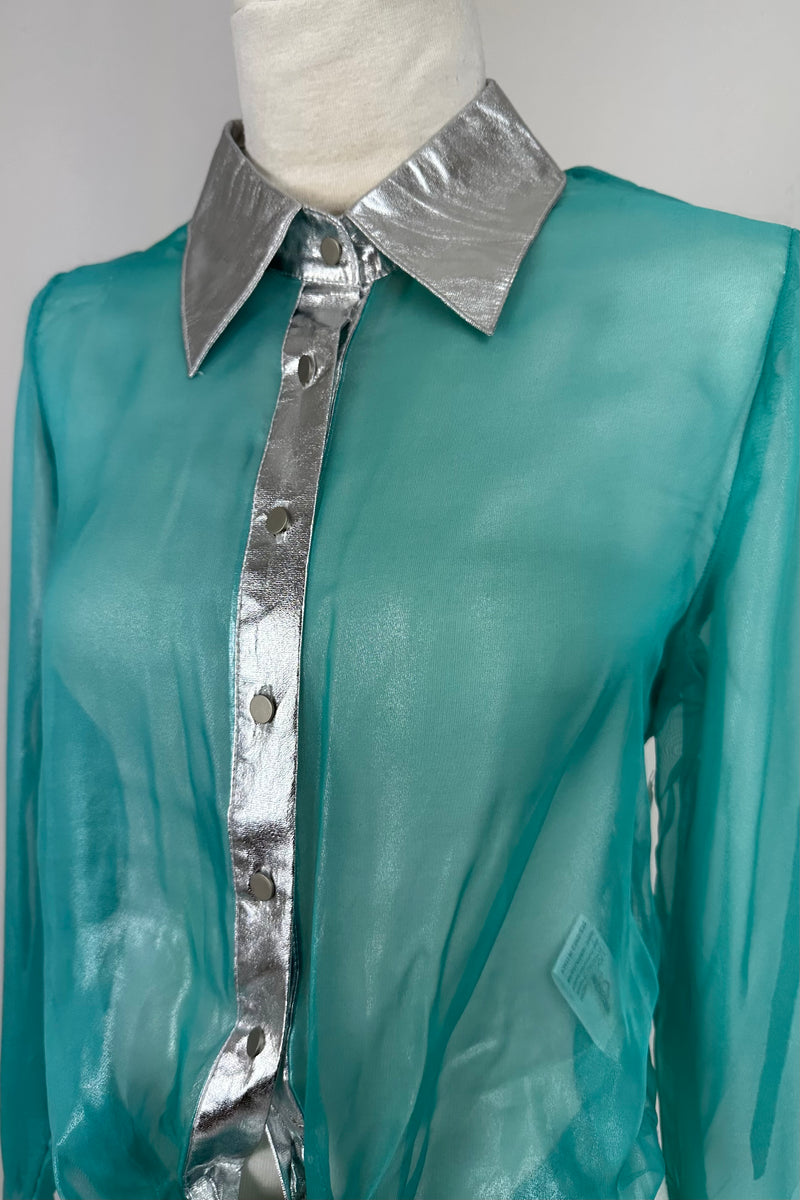 Camisa Corta Transparente con Metalico Turquesa