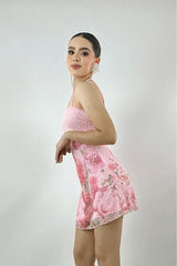 Vestido Perlitas Corto Print Flores Rosa