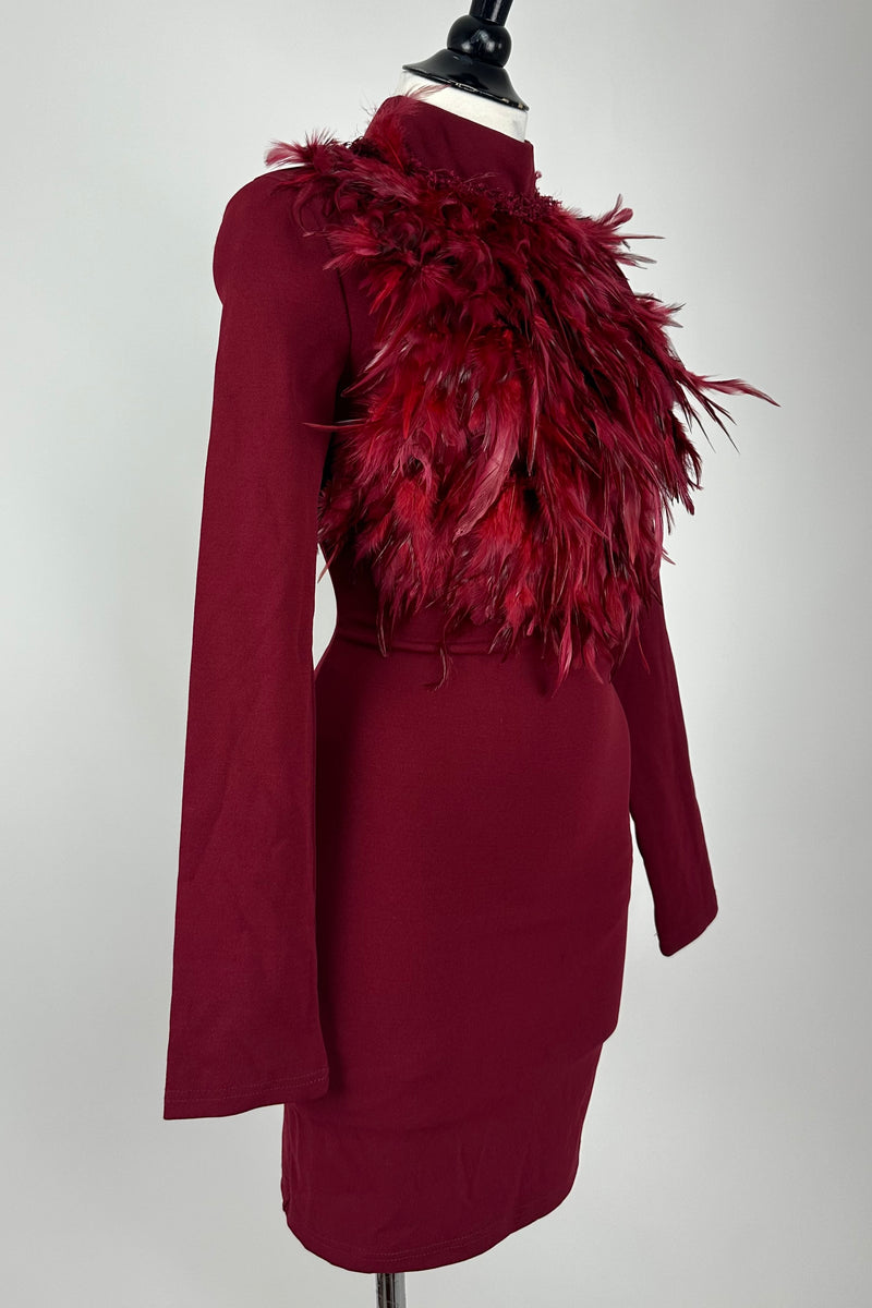 Vestido Tinto Con Plumas