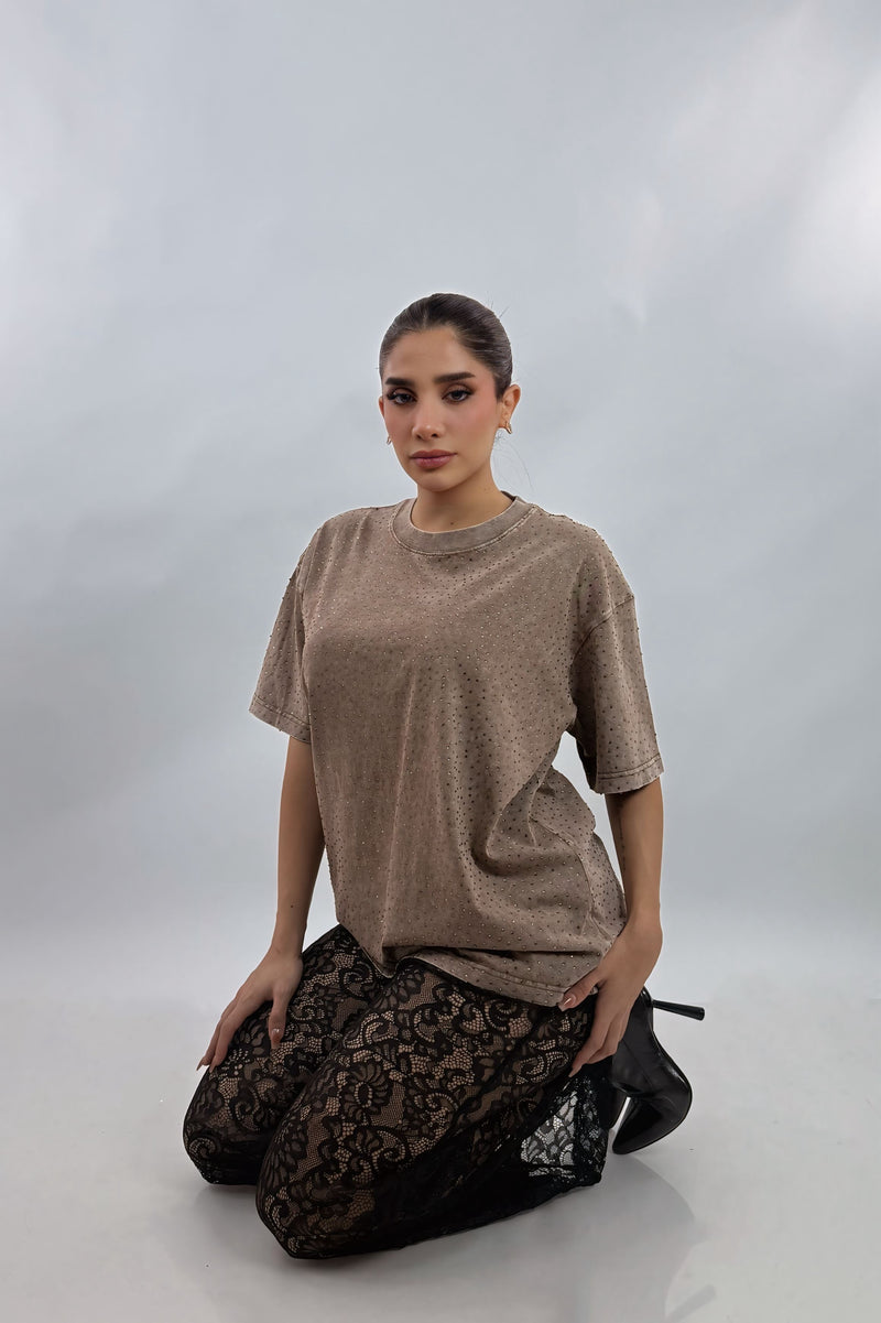 Playera Oversize Rhinestone Cafe