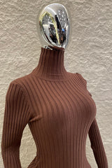 Vestido Midi Tela Punto Manga Larga Cafe