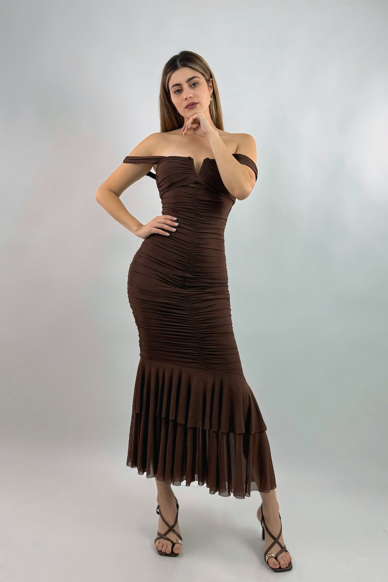 Vestido Midi Ruched Cafe