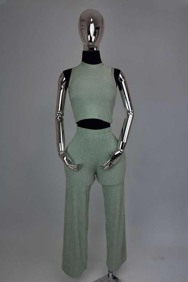 Set Crop Top y Pantalon Rhinestone Menta