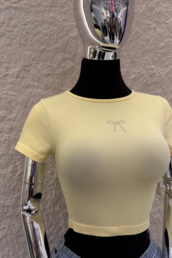 Crop Top App de Moño Rhinestone Amarillo