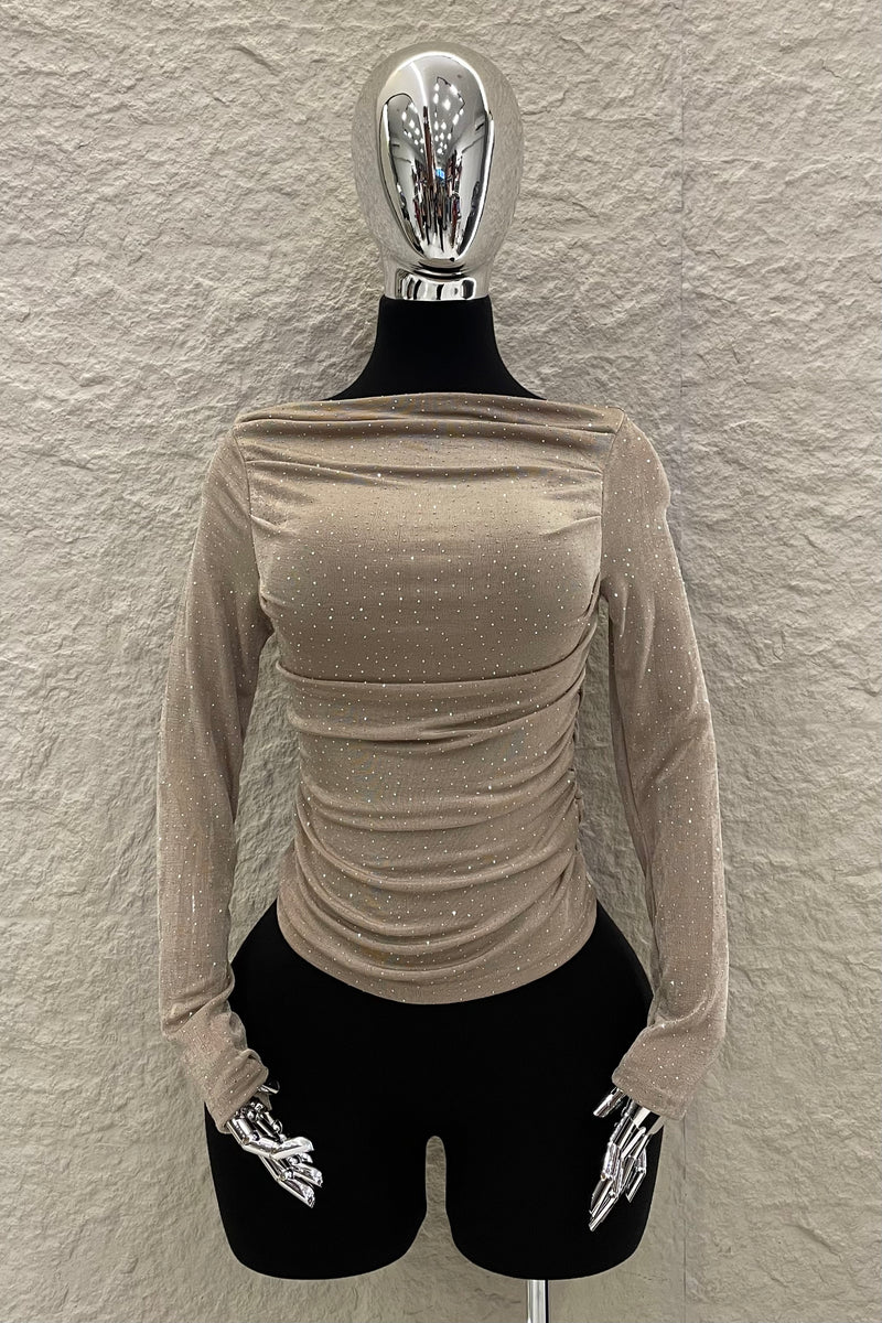 Blusa Rhinestone Ruched Beige