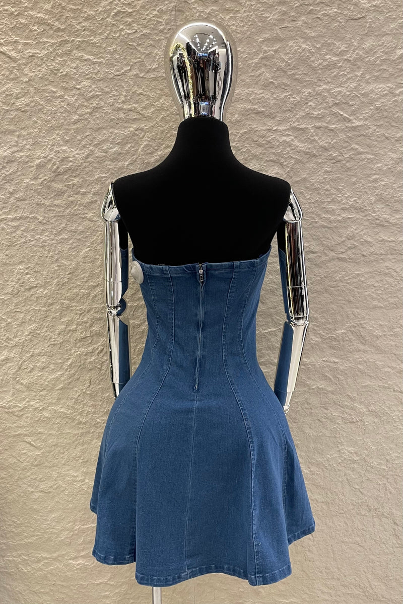 Vestido Strapless Volado Denim
