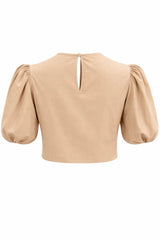 Blusa Puff Beige con Bordado Blanco