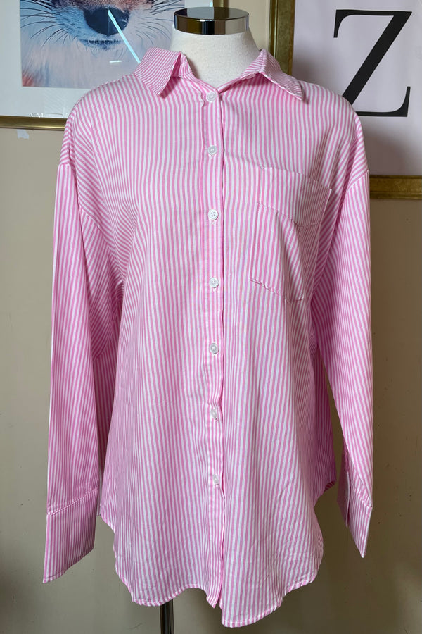 Camisa de Boton Rayada Rosa