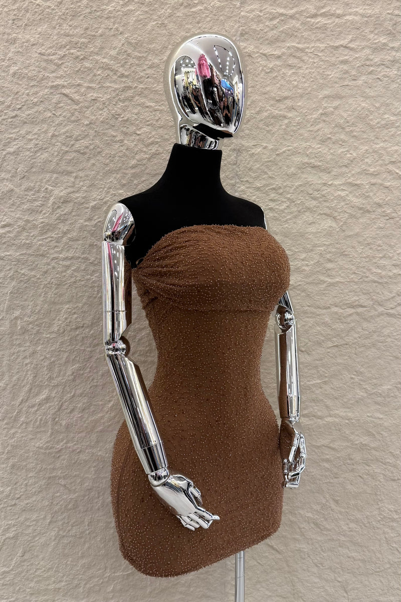 Vestido Strapples Rhinestone Mocha