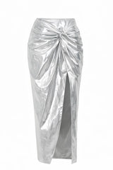 Falda Midi Metalica Con Abertura Plata