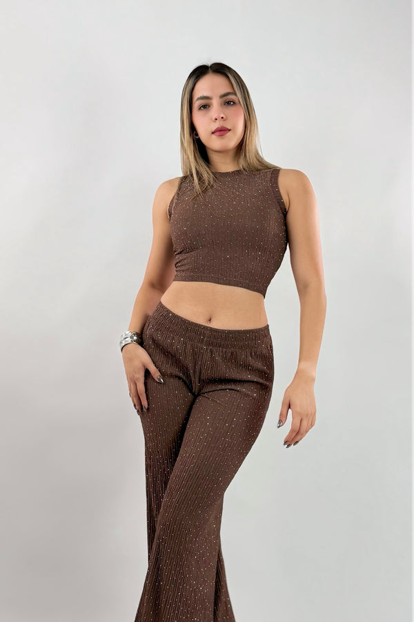 Set Crop Top y Pantalon Rhinestone Cafe