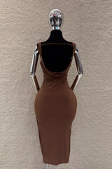 Vestido Midi Escote Abullonado Cafe