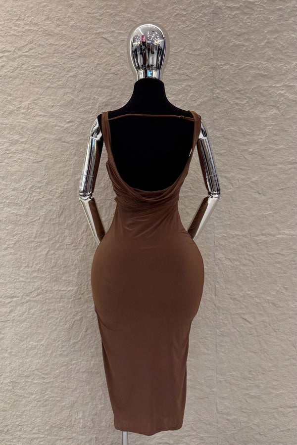 Vestido Midi Escote Abullonado Cafe