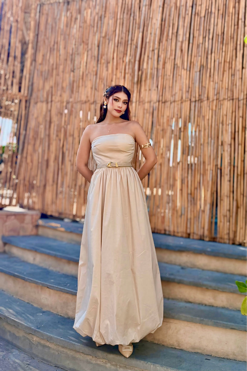 Vestido Strapless Largo Beige