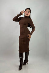 Vestido Midi Tela Punto Manga Larga Cafe