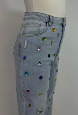 Pantalon Denim Con Pedreria de Colores