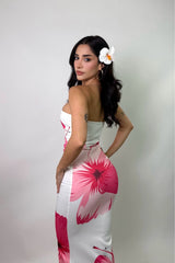 Vestido Midi Strapless Floreado Rosa