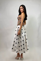 Falda Midi Satinada Polka Blanca