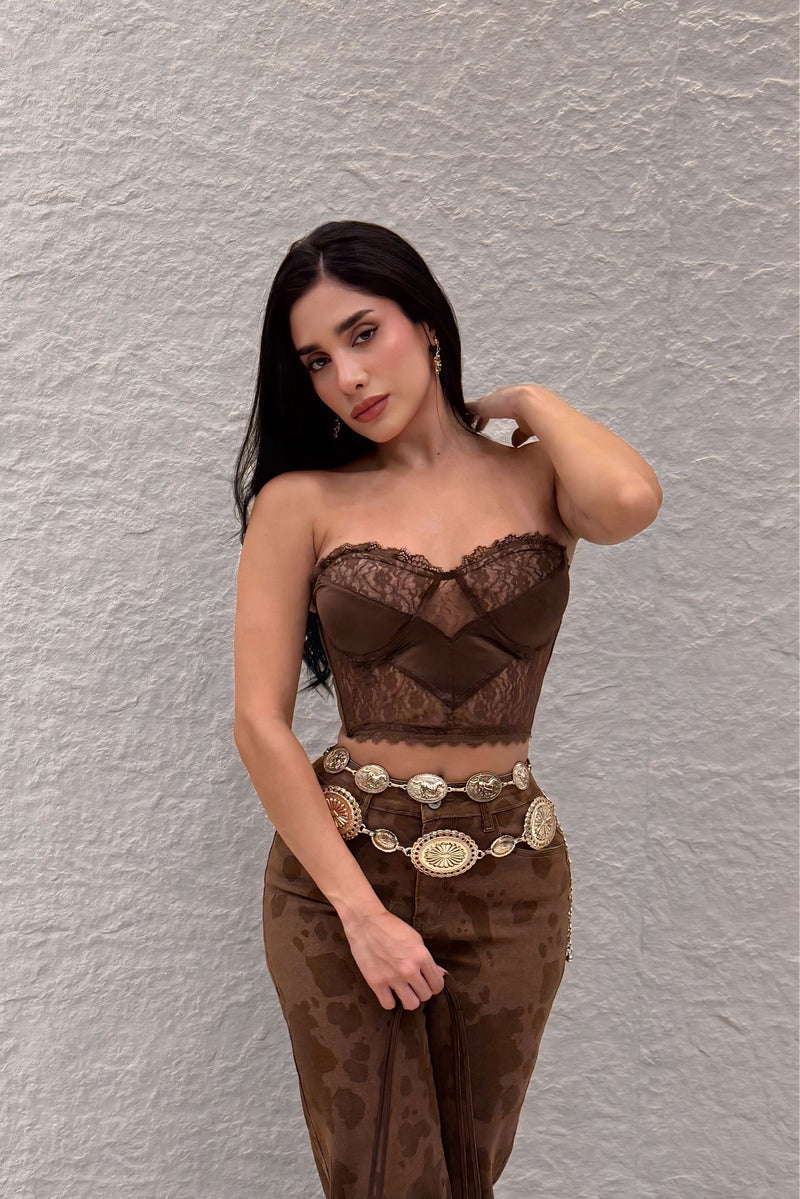Crop Top Encaje Cafe