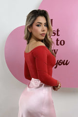 Top Off Shoulder Manga Larga Rojo