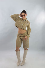 Short Biker Rhinestone Kakhi