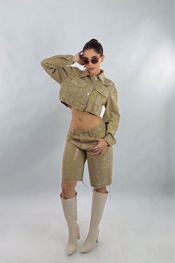 Short Biker Rhinestone Kakhi