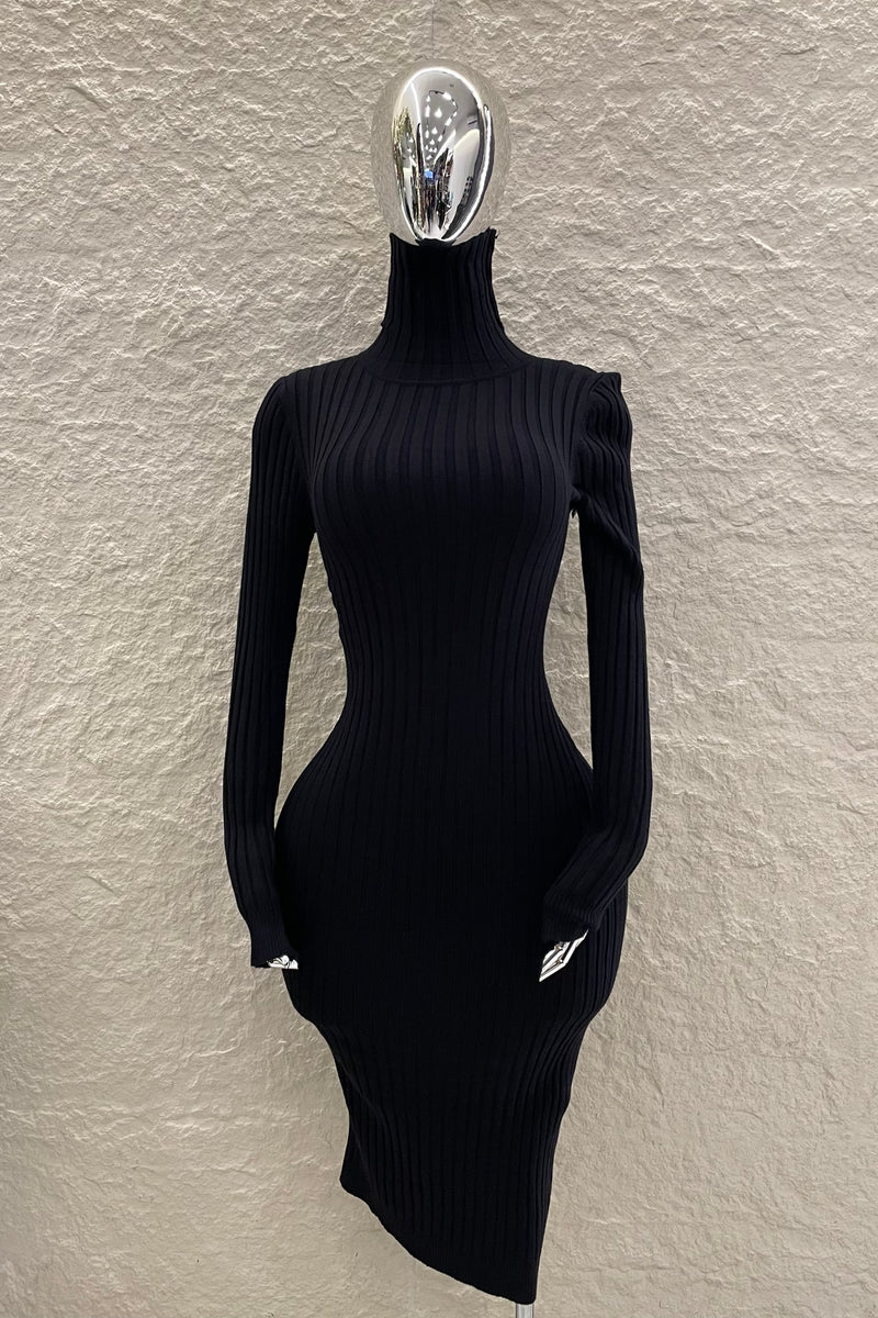 Vestido Midi Tela Punto Manga Larga Negro