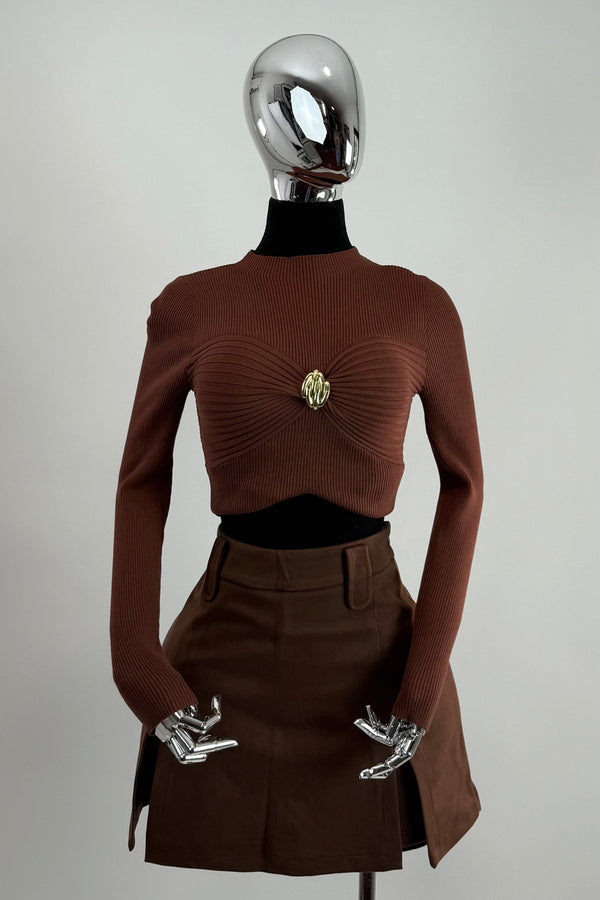 Short Falda Velvet Plisada Cafe