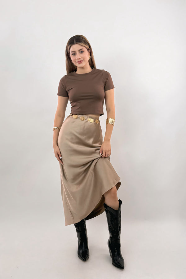 Falda Midi Satinada Cafe