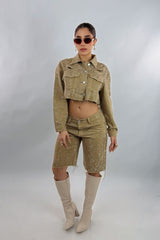Short Biker Rhinestone Kakhi