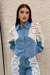 Camisa Denim Con Encaje Blanco