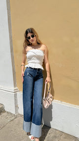 Pantalon Dark Denim Straight Fit con Dobles