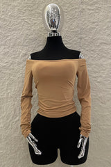 Top Off Shoulder Manga Larga Beige