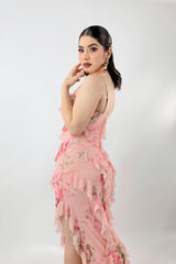 Vestido Largo Olanes Floreado Rosa