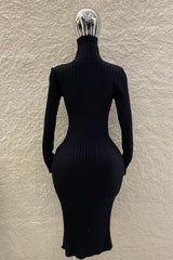 Vestido Midi Tela Punto Manga Larga Negro