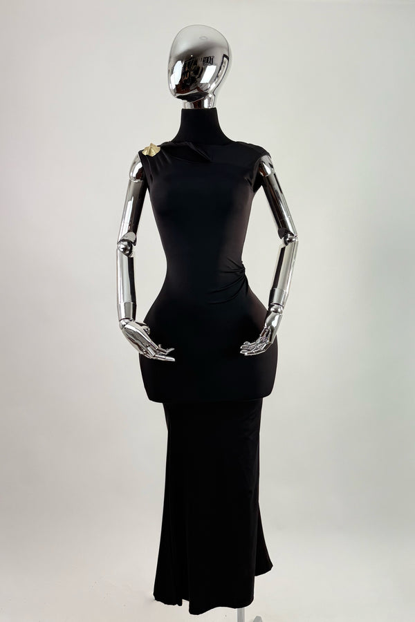 Vestido Largo App de Flor Dorada Negro