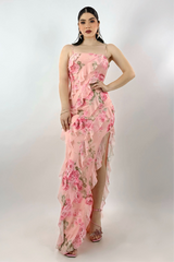 Vestido Largo Olanes Floreado Rosa