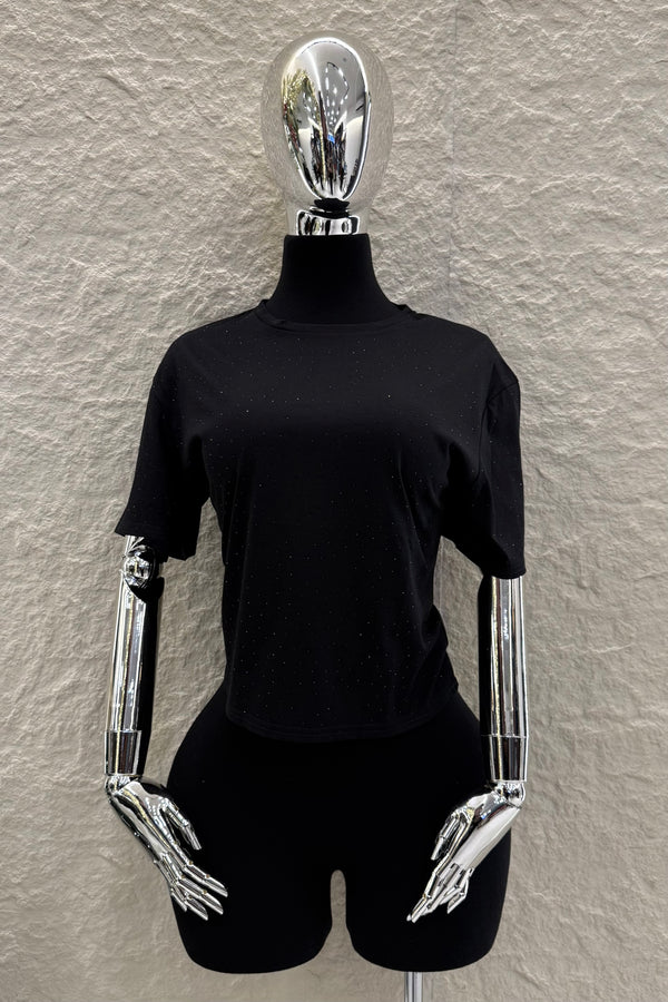 Crop Tshirt Rhinestone Negra
