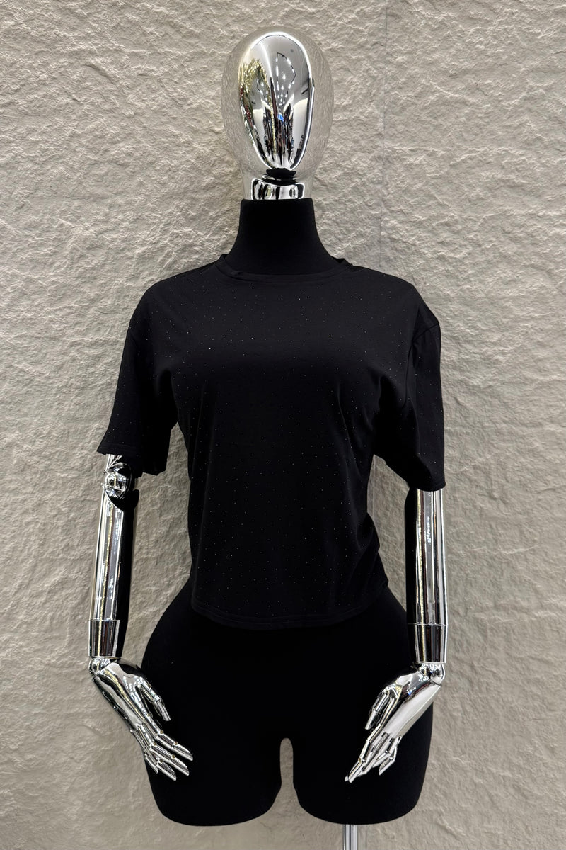 Crop Tshirt Rhinestone Negra