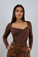 Blusa Manga Larga Ruched Cafe