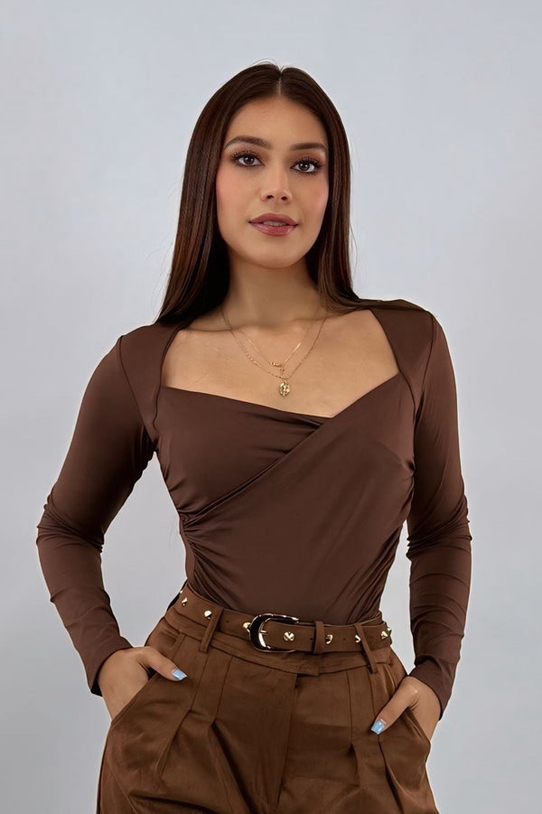 Blusa Manga Larga Ruched Cafe