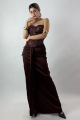 Vestido Brillos Corset largo Cafe