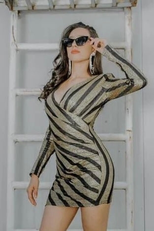 Vestido Rayado Brilloso Escote V